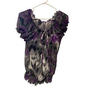 Vintage Y2K Vanity Womens Size Large Purple Semi Sheer Tie Collar Black Silver P